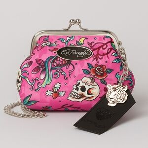 Ed Hardy Skull Tattoo Chain Crossbody Coin Purse Bag Pink Charm Tiger Koi Fish